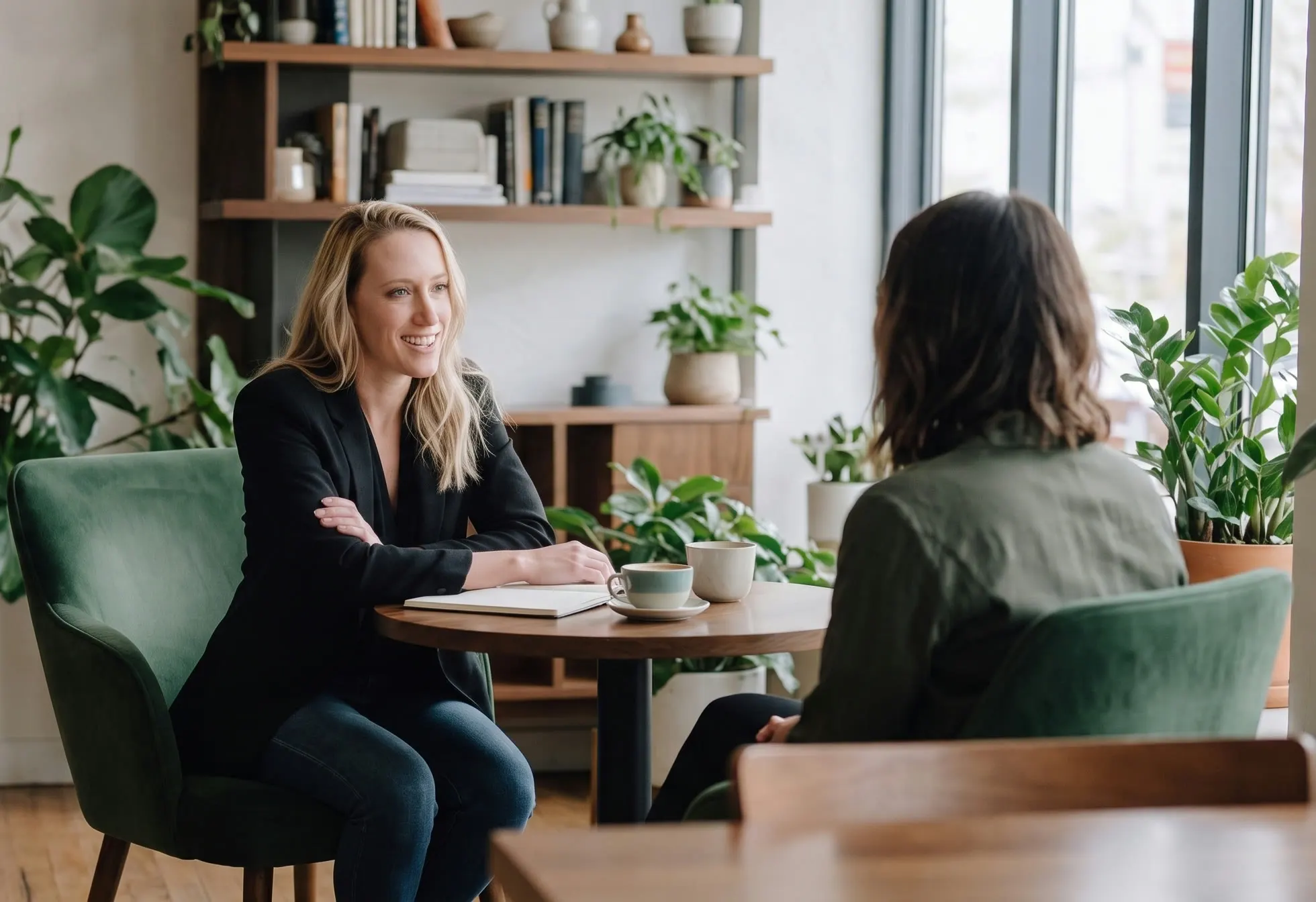 Genevieve in conversation with a client at a round table